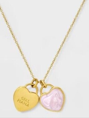Tiny Tags 14K Gold Ion Plated "Girl Mama" Heart with Pink Swirl Enamel Double He